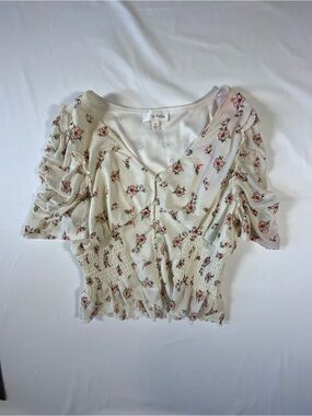 La Peche Cream Floral Ruched Smocked Waist V-Neck Blouse XL Pink Rose Print